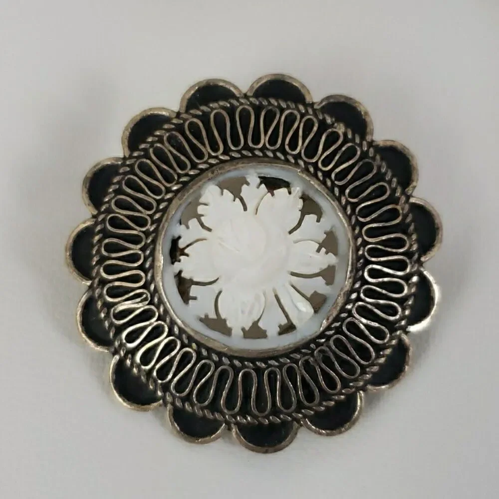 Vintage 935 Silver Jerusalem Carved Mother Of Pearl Flower Brooch Pin Pendant
